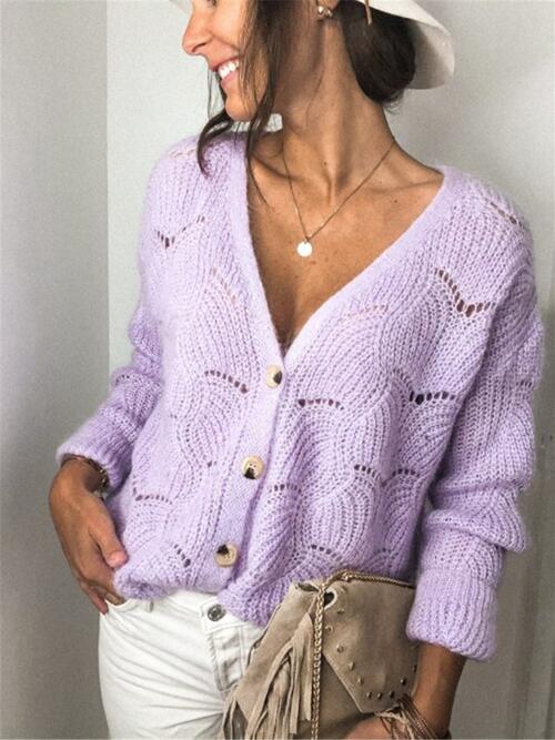 Openwork Button Up Long Sleeve Cardigan - Ladyez