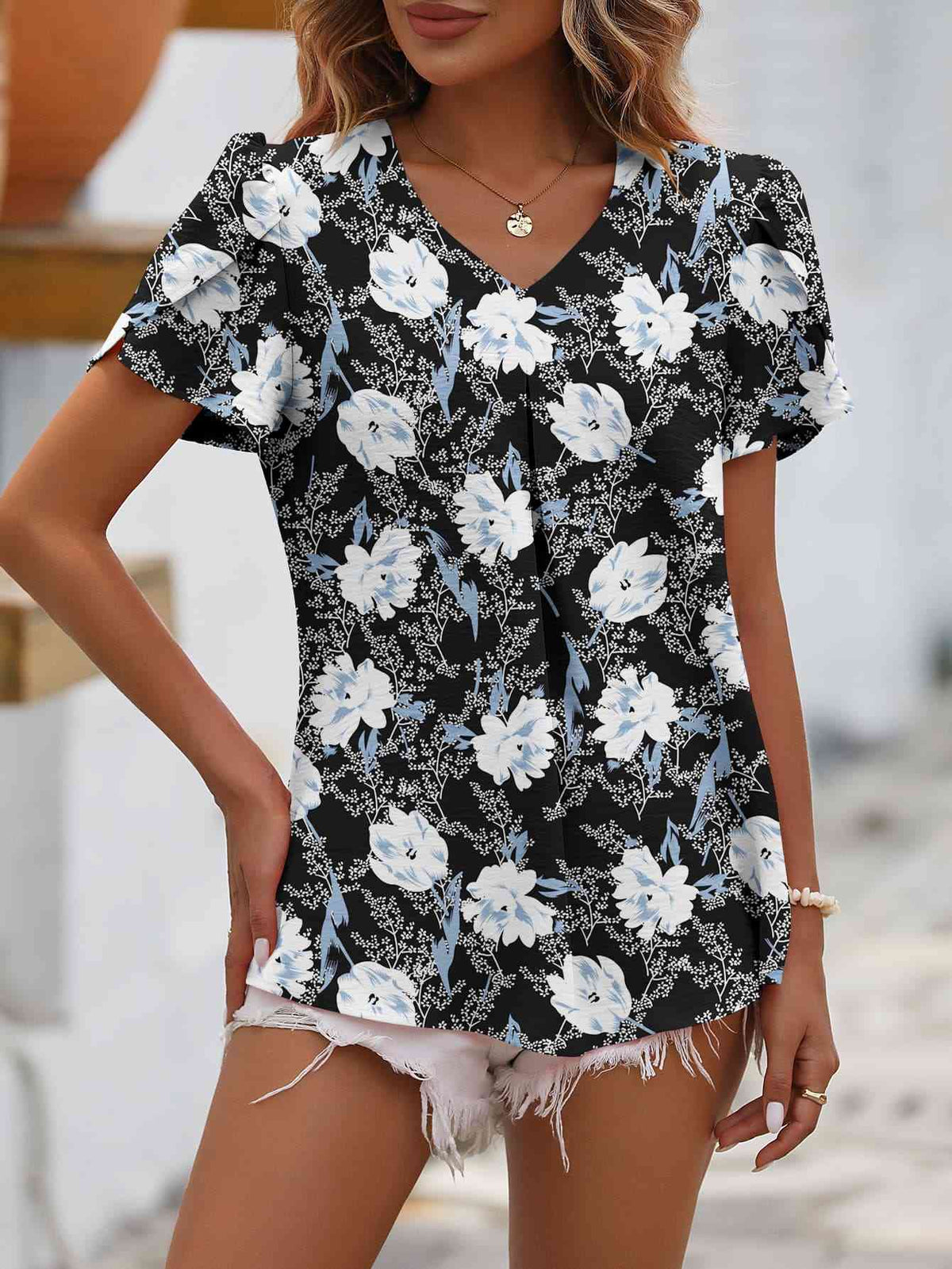 Ruche V-Neck Petal Sleeve Top - Ladyez
