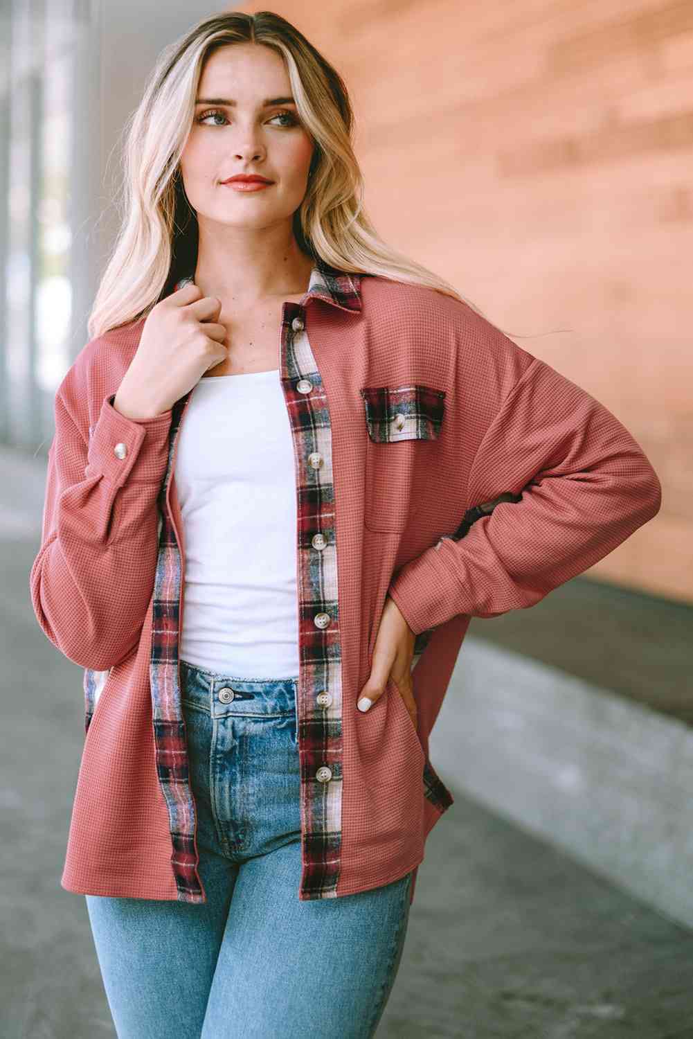 Plaid Button Down Collared Jacket - Ladyez