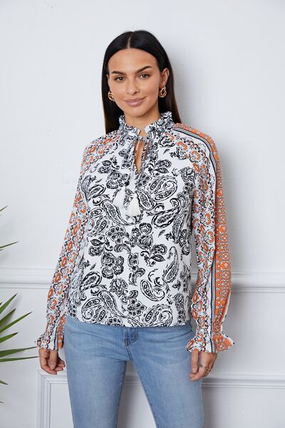 Tassel Tie Neck Printed Smocked Long Sleeve Blouse - Ladyez