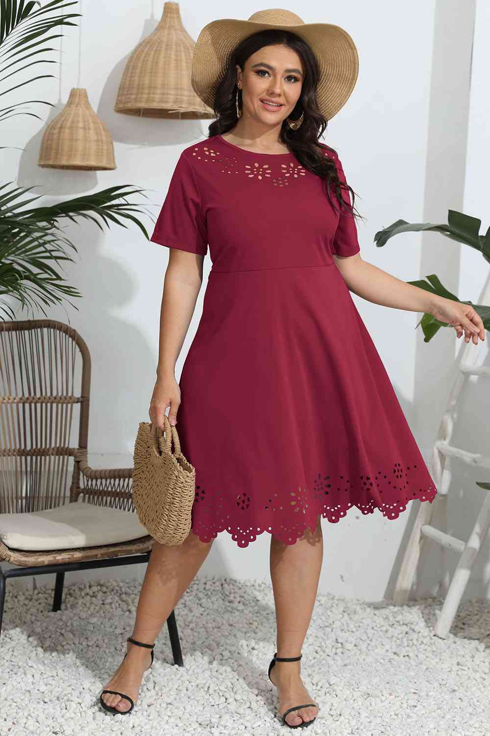 Plus Size Round Neck Openwork Dress - Ladyez