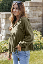 Embroidered Tassel Tie Neck Balloon Sleeve Blouse - Ladyez