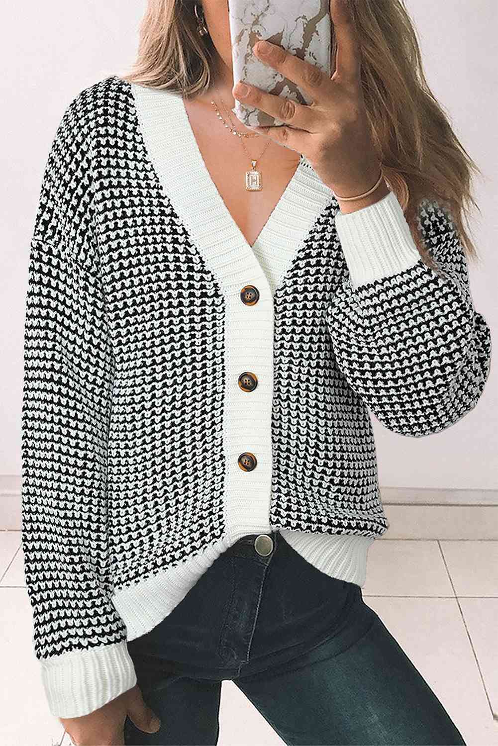 Woven Right Waffle-Knit Drop Shoulder Button-Down Cardigan - Ladyez