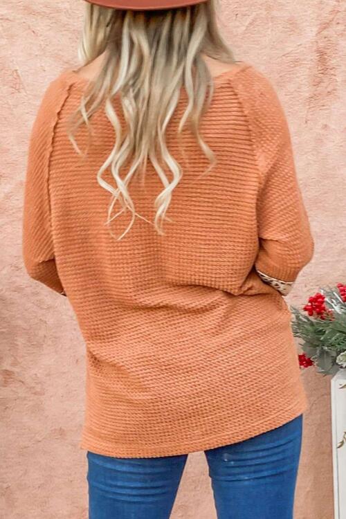 Waffle-Knit Leopard Long Sleeve Slit Blouse - Ladyez