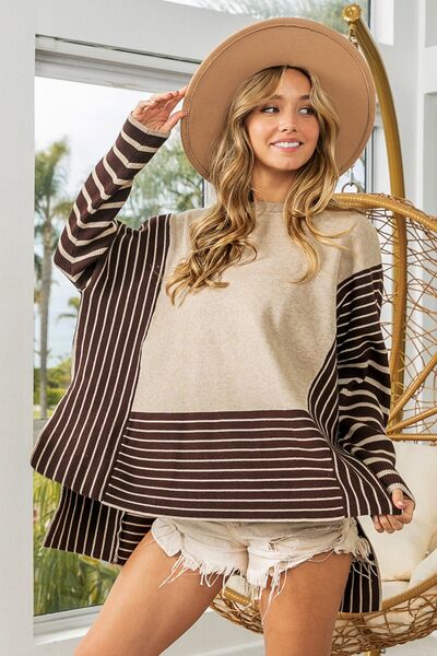 BiBi Striped Contrast Long Sleeve Slit Top - Ladyez