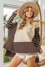 BiBi Striped Contrast Long Sleeve Slit Top - Ladyez