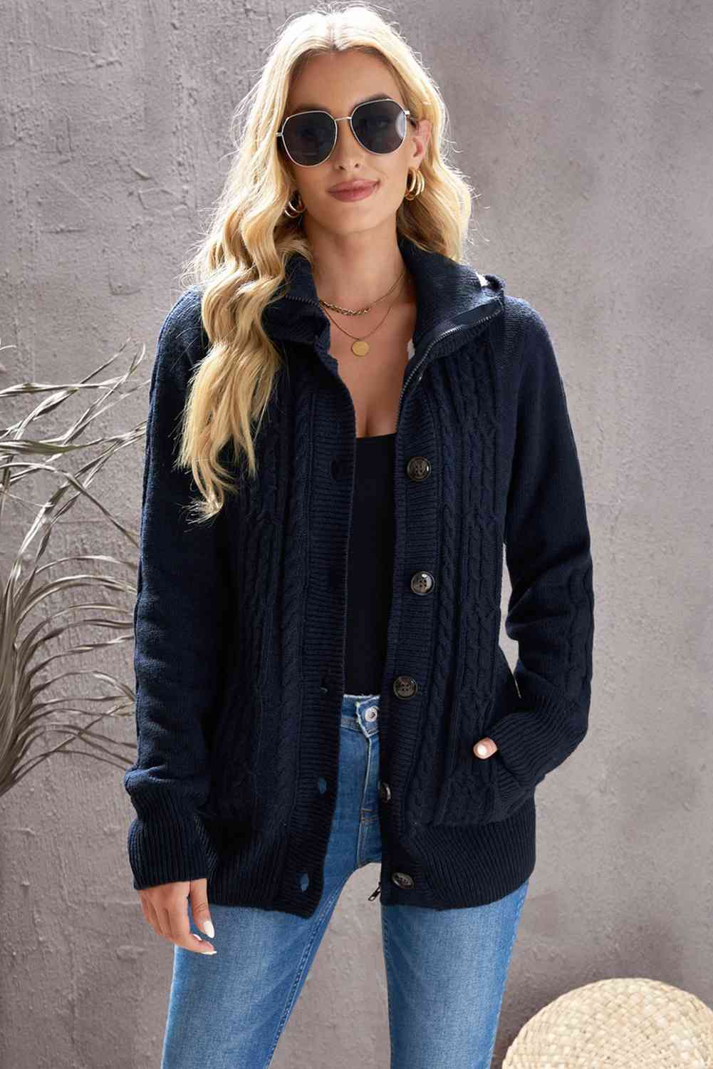 Cable-Knit Fleece Lining Button-Up Hooded Cardigan - Ladyez