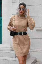 Ribbed Turtle Neck Long Sleeve Mini Sweater Dress - Ladyez