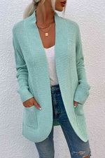 Open Front Rib-Knit Cardigan with Pockets - Ladyez