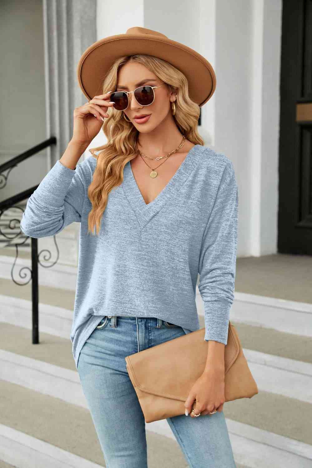V-Neck Long Sleeve T-Shirt - Ladyez
