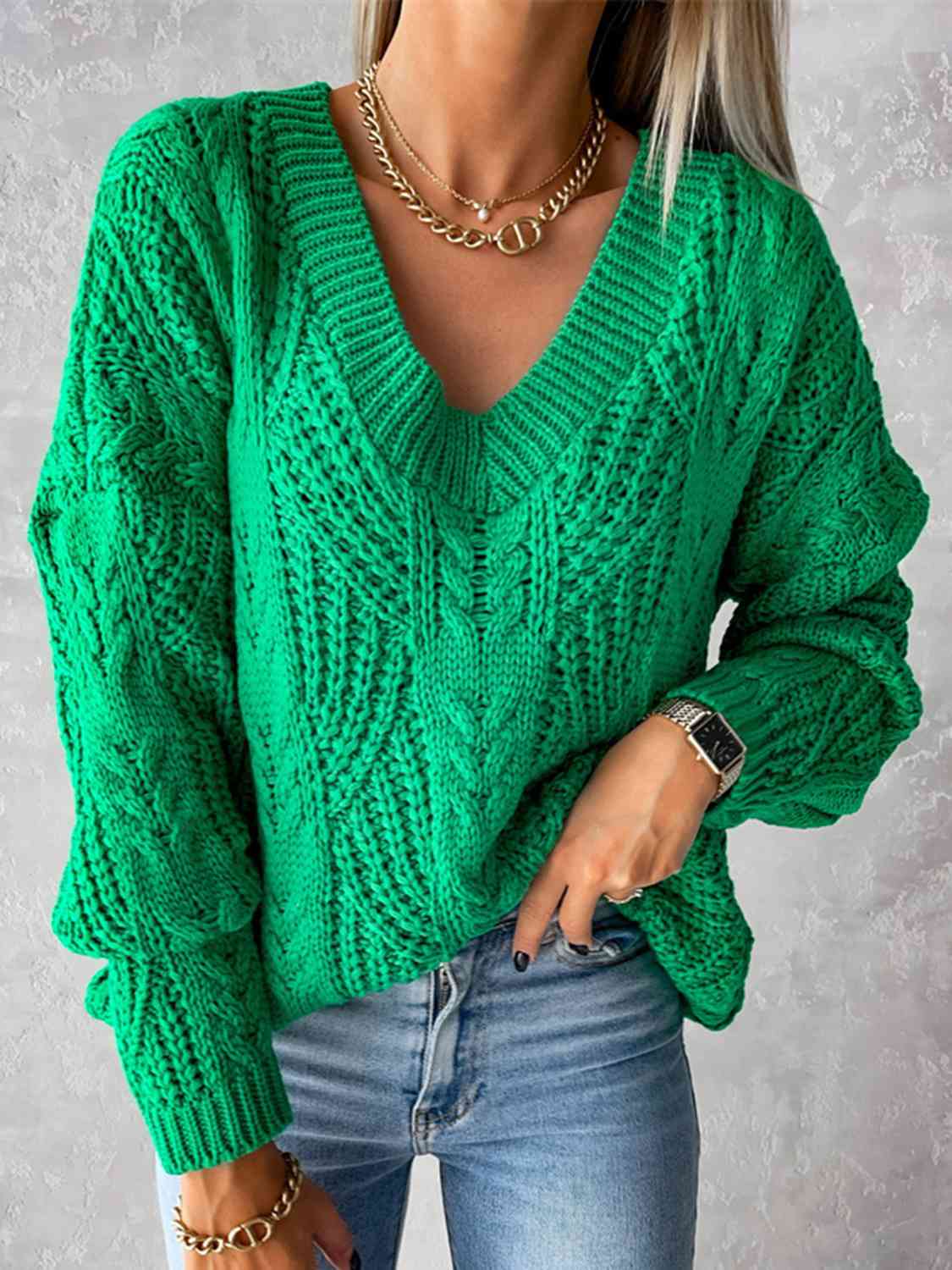 V-Neck Cable-Knit Long Sleeve Sweater - Ladyez