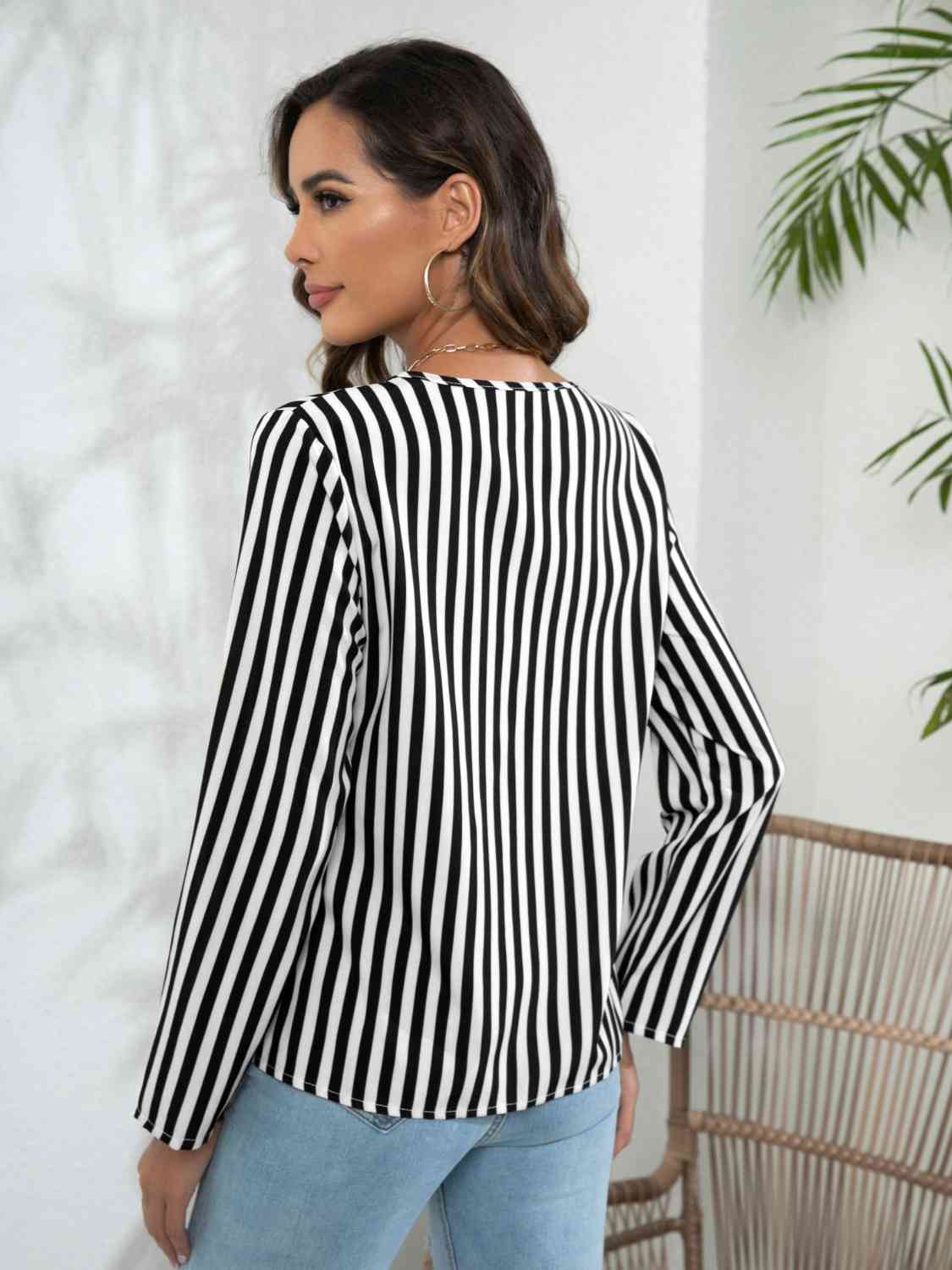 Striped Long Sleeve Notched Blouse - Ladyez