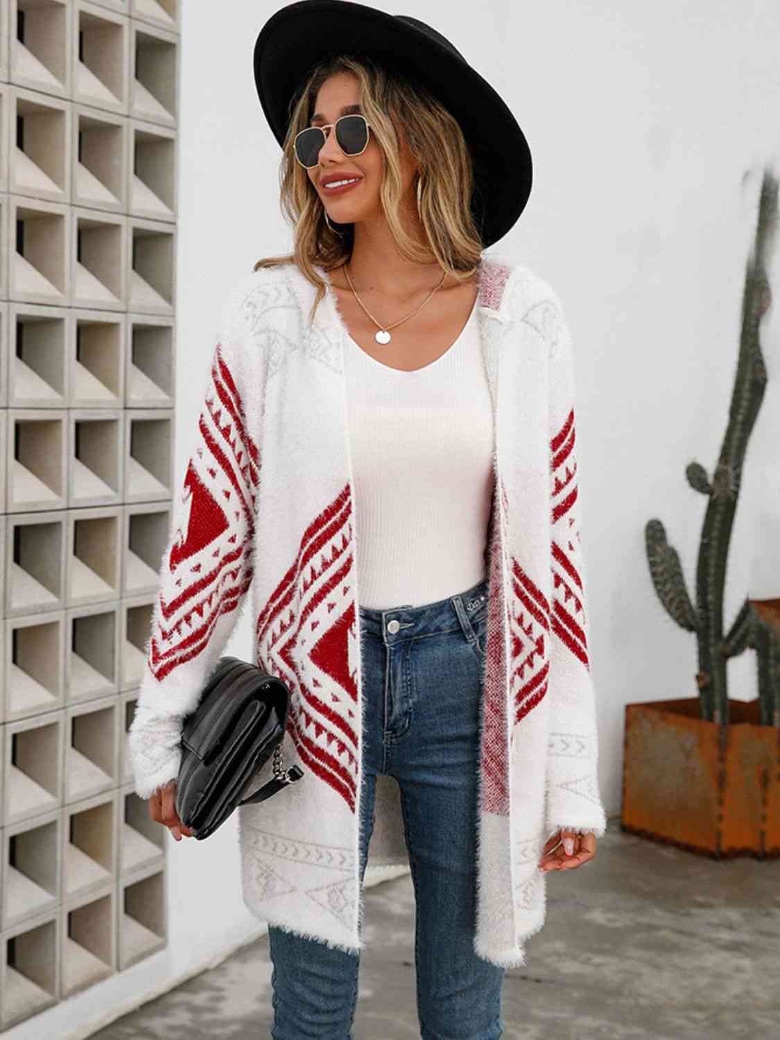 Geometric Fuzzy Hooded Cardigan - Ladyez
