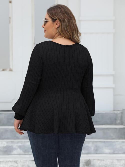 Plus Size Ribbed V-Neck Long Sleeve Blouse - Ladyez