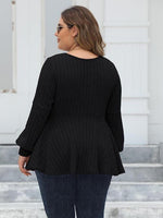 Plus Size Ribbed V-Neck Long Sleeve Blouse - Ladyez