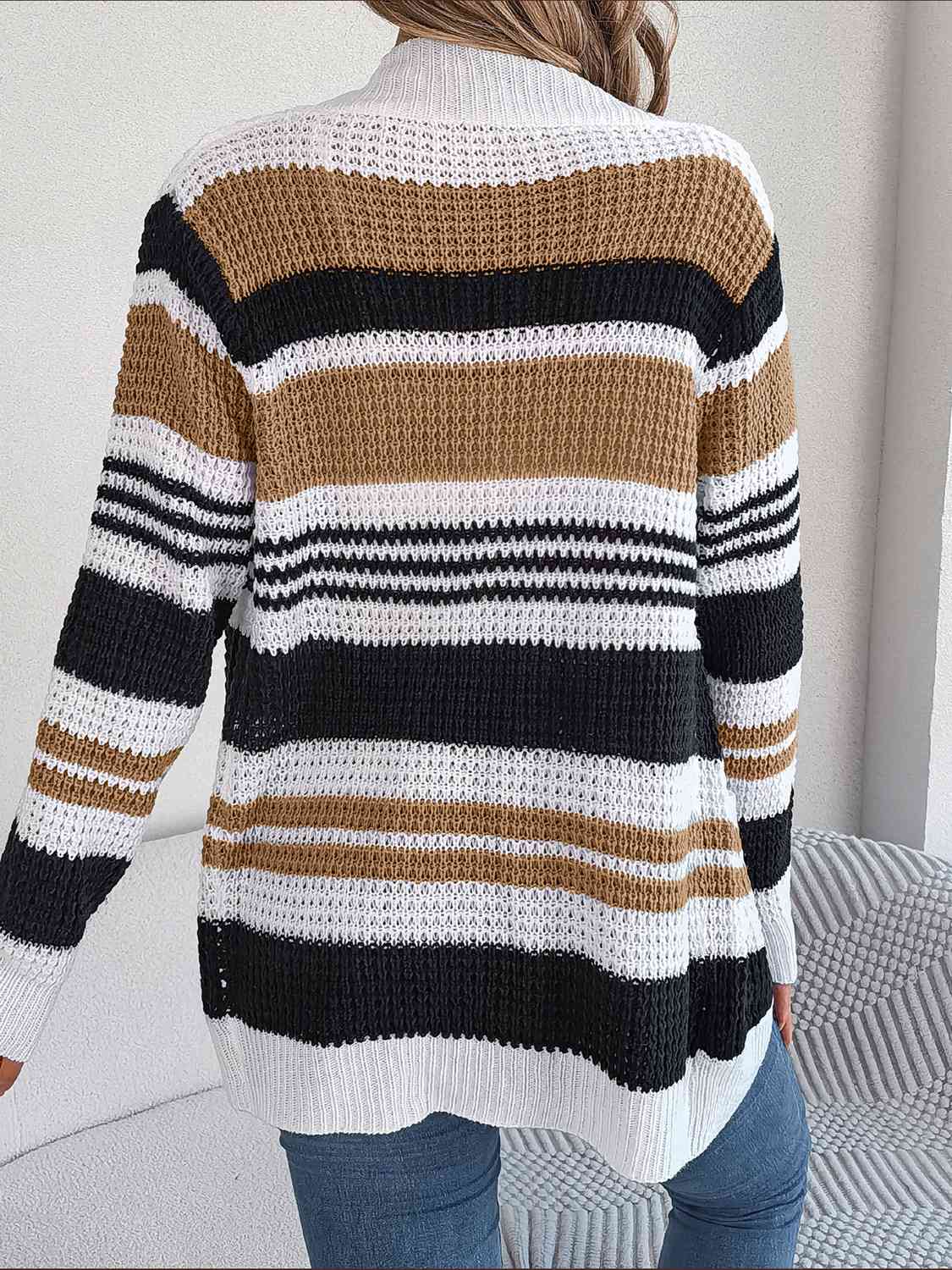 Striped Open Front Long Sleeve Cardigan - Ladyez