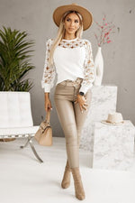 Hollowed Floral Lace Spliced Long Sleeve Blouse - Ladyez