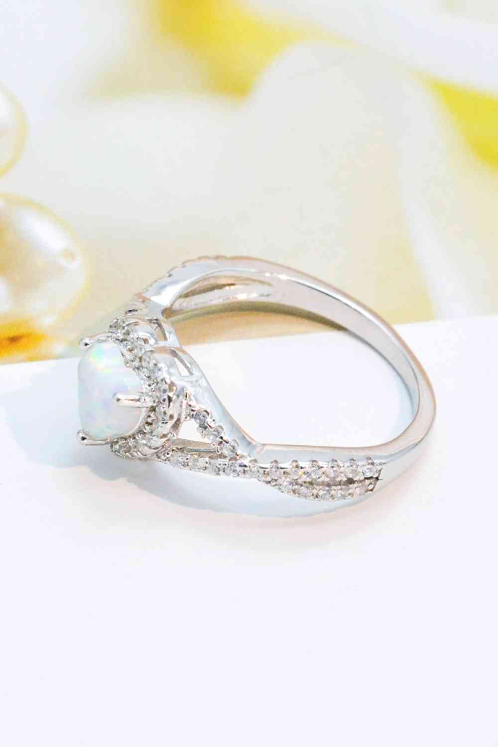 925 Sterling Silver Heart Opal Crisscross Ring - Ladyez
