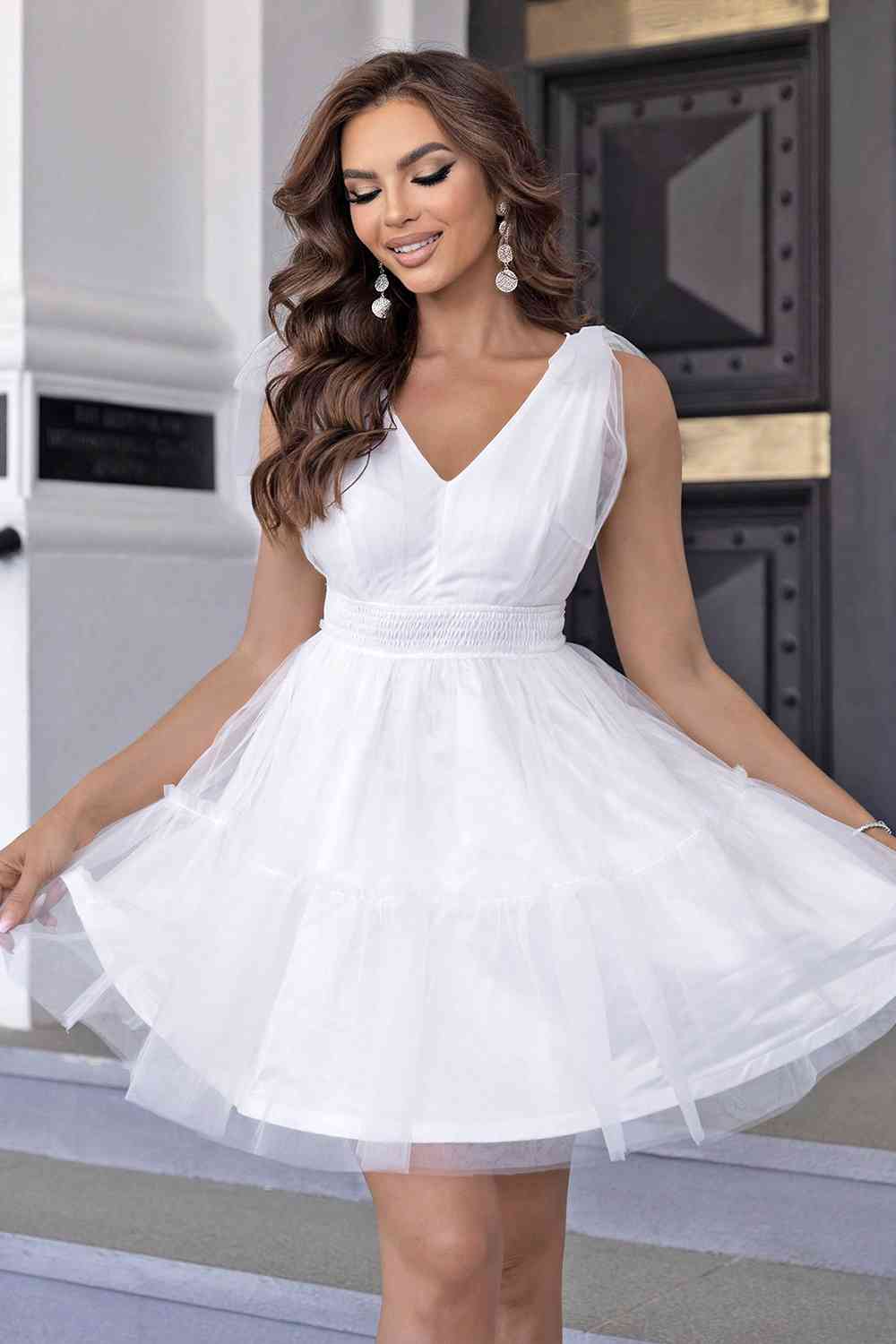 V-Neck Shoulder Detail Mesh Dress - Ladyez