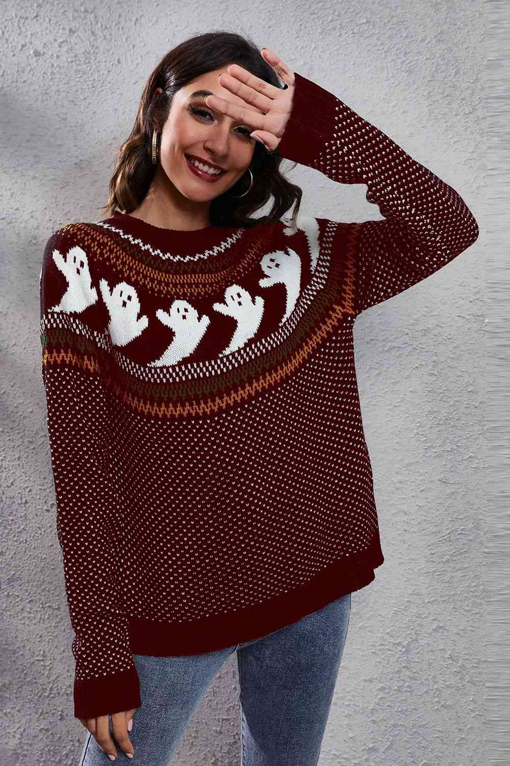 Ghost Pattern Round Neck Long Sleeve Sweater - Ladyez
