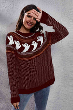Ghost Pattern Round Neck Long Sleeve Sweater - Ladyez