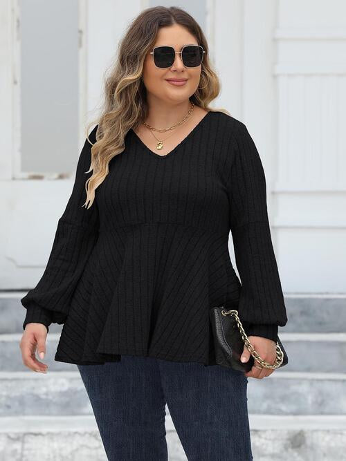 Plus Size Ribbed V-Neck Long Sleeve Blouse - Ladyez