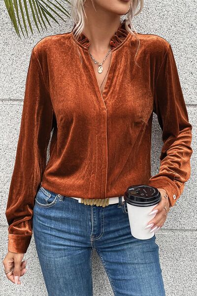 Notched Frill Detail Long Sleeve Blouse - Ladyez