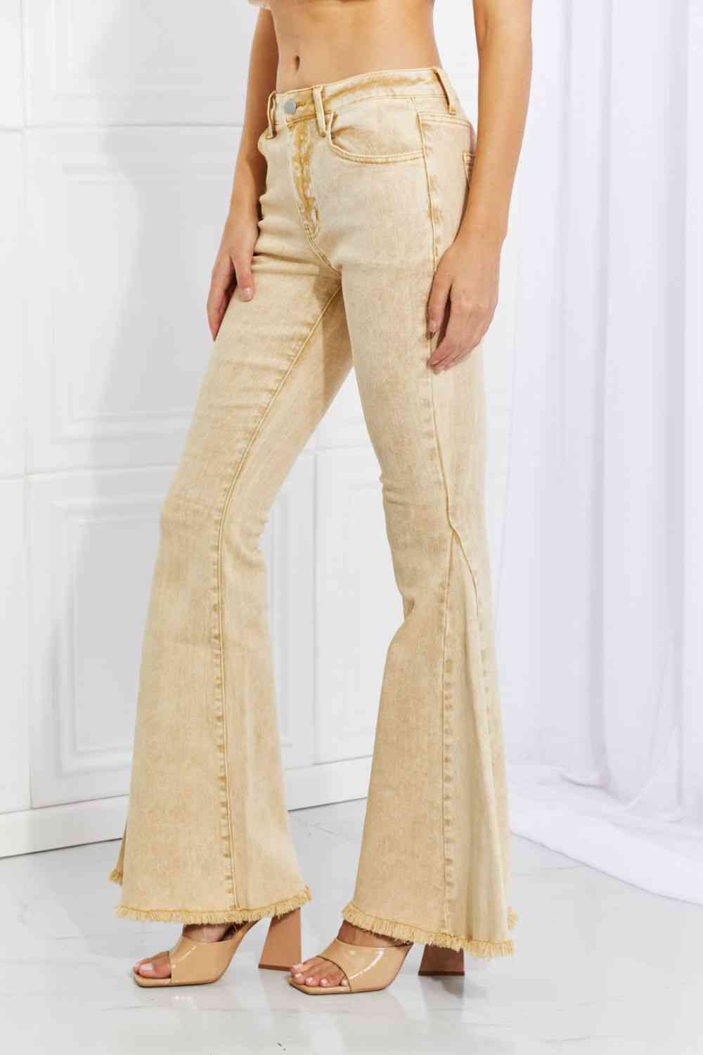 Color Theory Flip Side Fray Hem Bell Bottom Jeans in Yellow - Ladyez