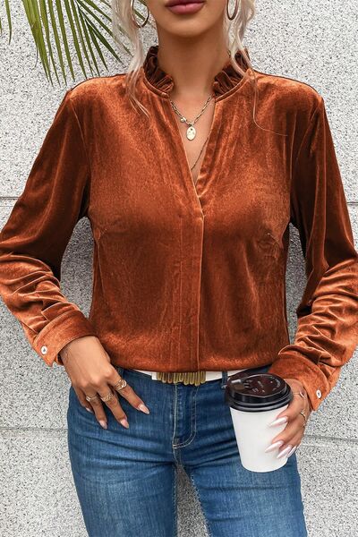 Notched Frill Detail Long Sleeve Blouse - Ladyez