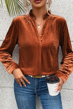 Notched Frill Detail Long Sleeve Blouse - Ladyez