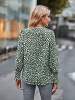 Printed V-Neck Lantern Sleeve Blouse - Ladyez