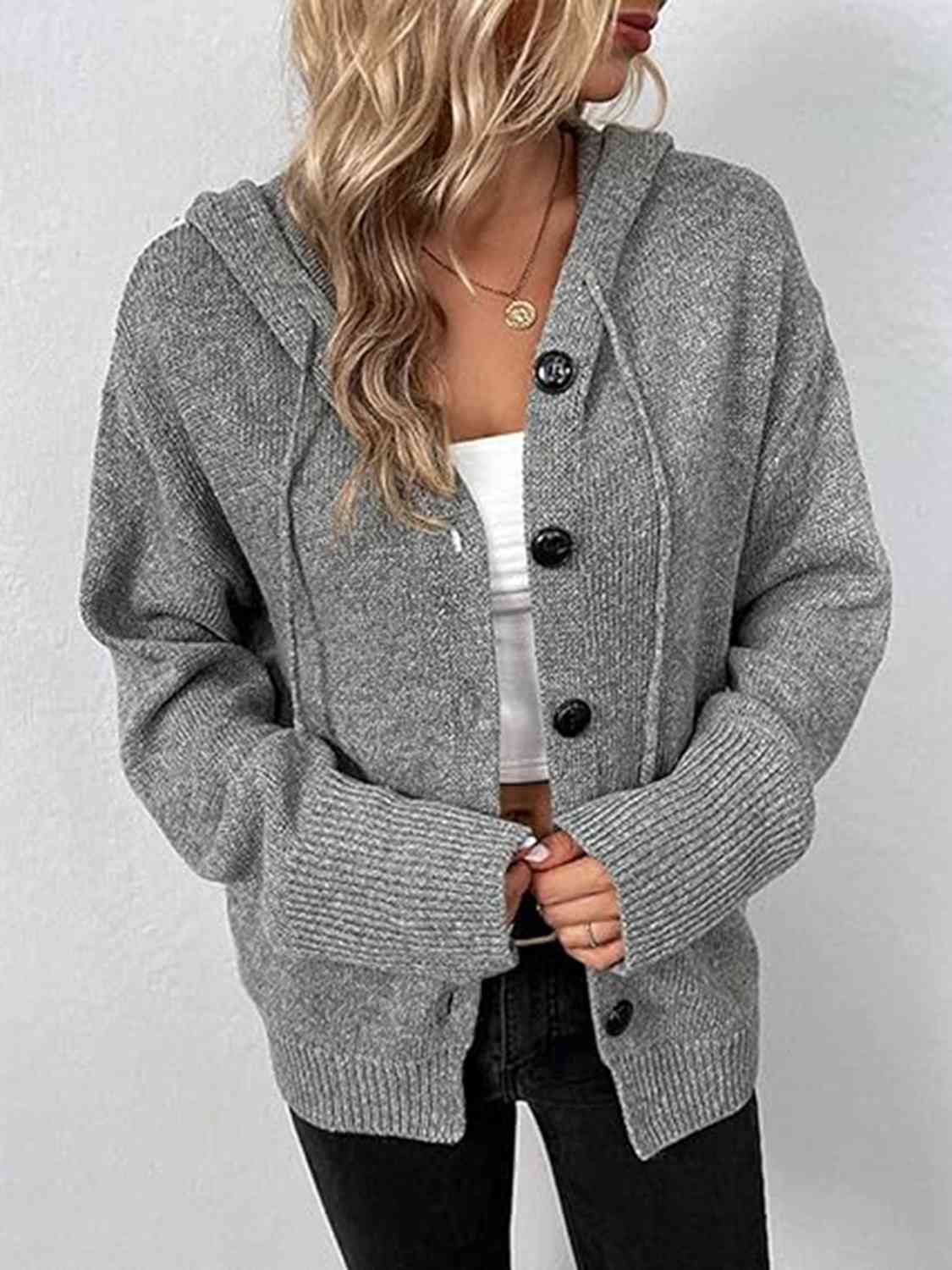 Button Up Drawstring Long Sleeve Hooded Cardigan - Ladyez