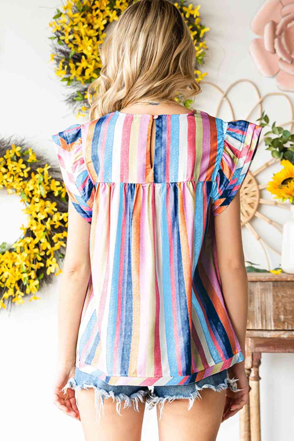 Multicolored Stripe Flutter Sleeve Blouse - Ladyez