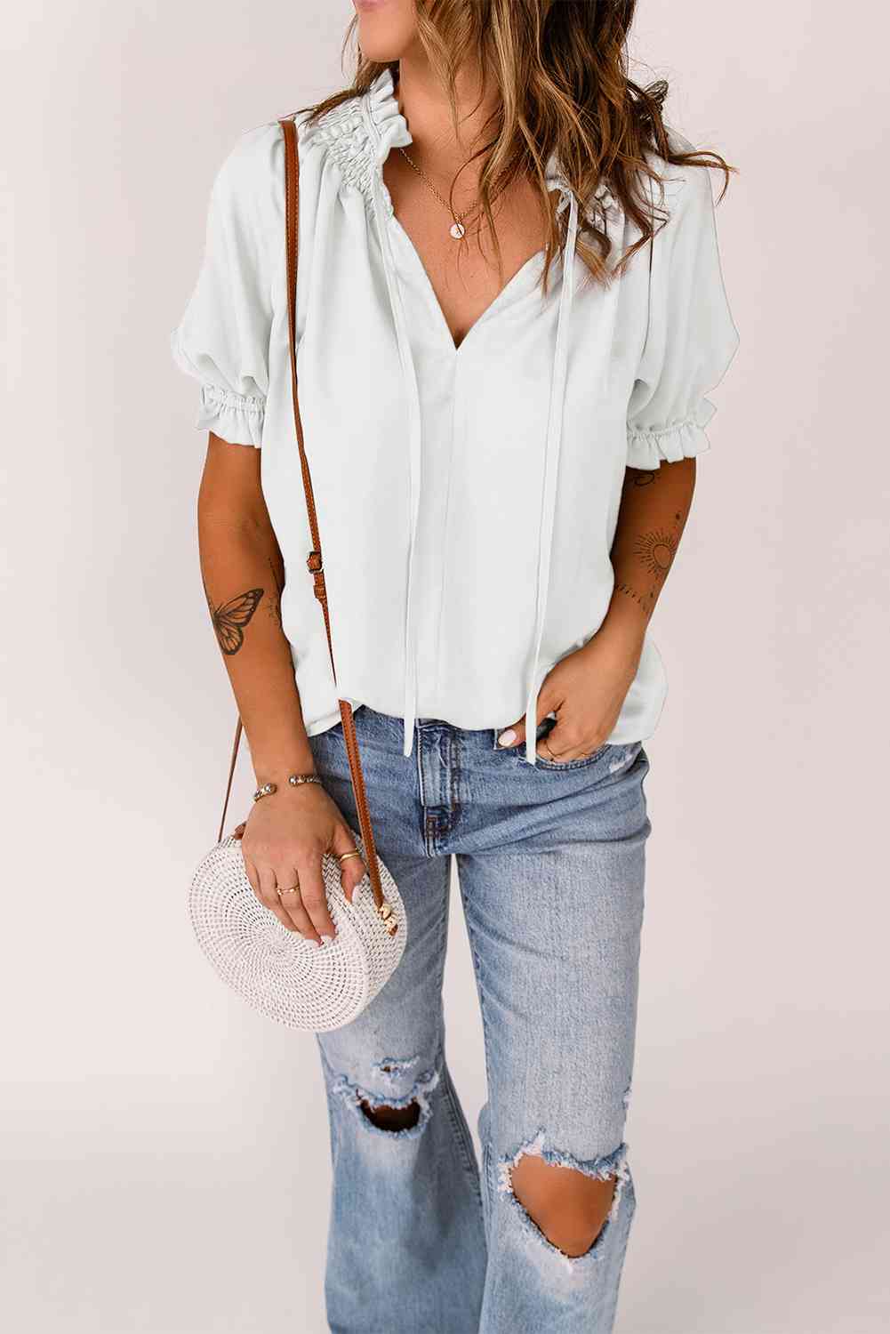 Smocked Frill Trim Flounce Sleeve Blouse - Ladyez