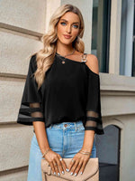 Asymmetrical Neck Sheer Striped Flare Sleeve Blouse - Ladyez
