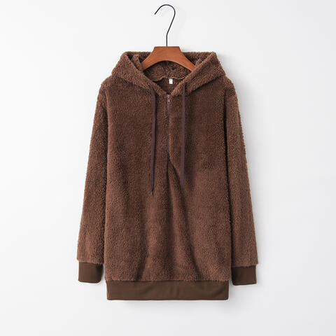 Quarter-Zip Drawstring Teddy Hoodie - Ladyez
