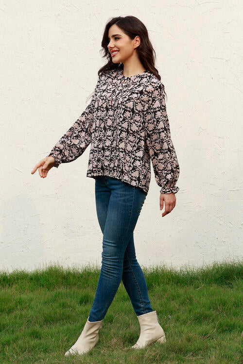Floral Flounce Sleeve Round Neck Blouse - Ladyez