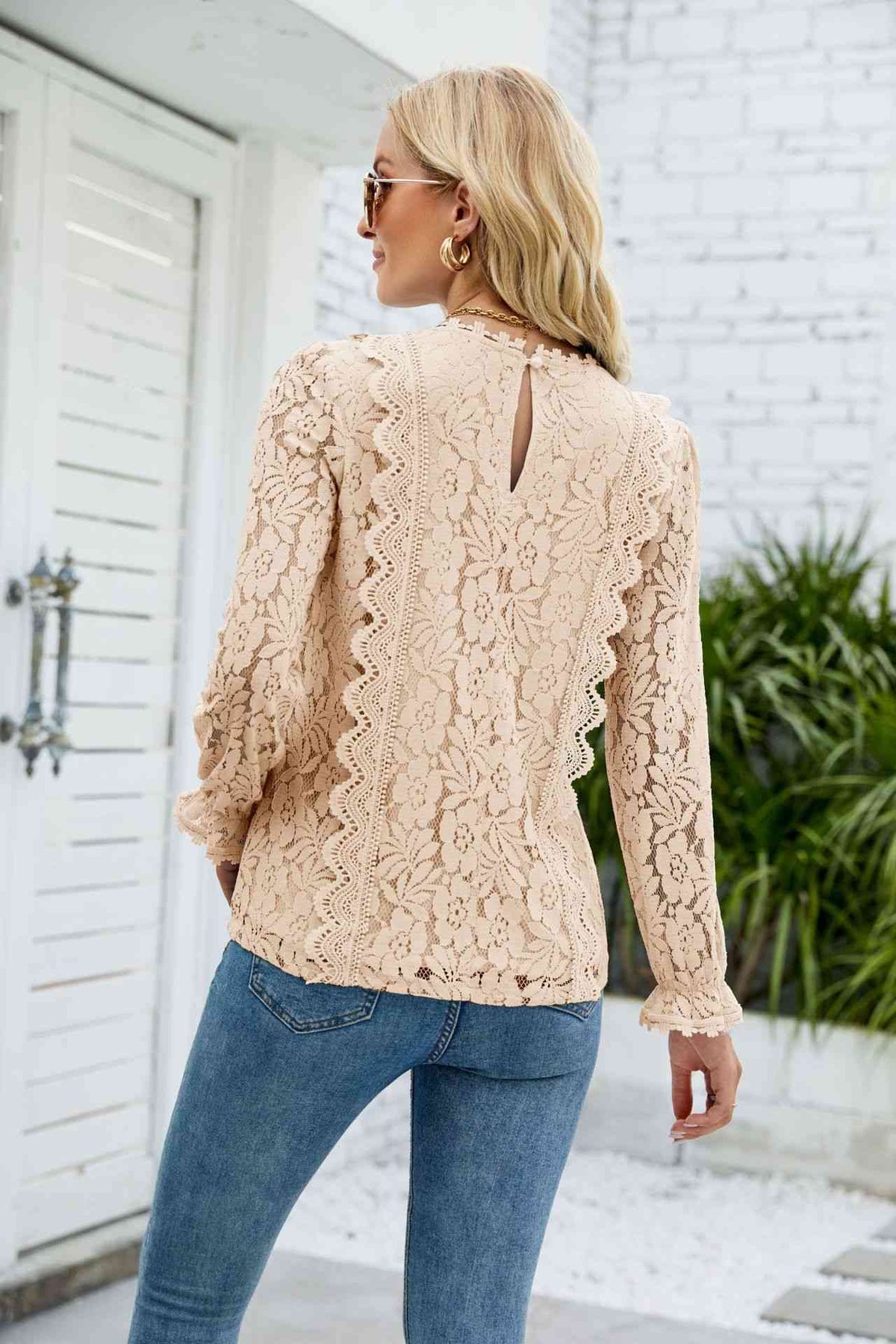 V-Neck Flounce Sleeve Lace Top - Ladyez
