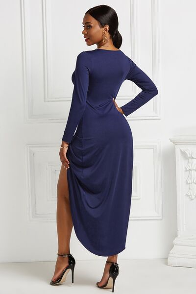 High-low Ruched Surplice Long Sleeve Dress - Ladyez