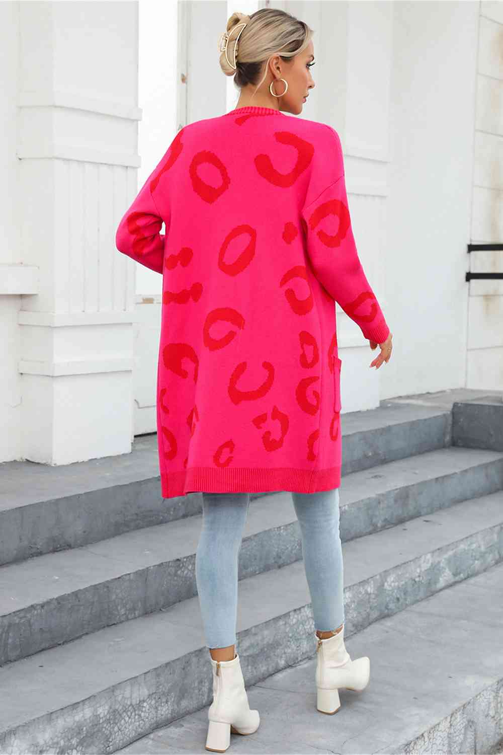Printed Long Sleeve Cardigan with Pockets - Ladyez