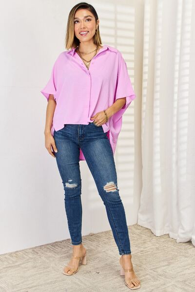 Zenana Texture Button Up Short Sleeve High-Low Shirt - Ladyez
