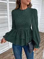 Printed Round Neck Smocked Flounce Sleeve T-Shirt - Ladyez