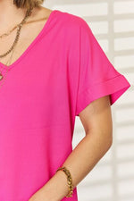 Zenana V-Neck Rolled Short Sleeve T-Shirt - Ladyez