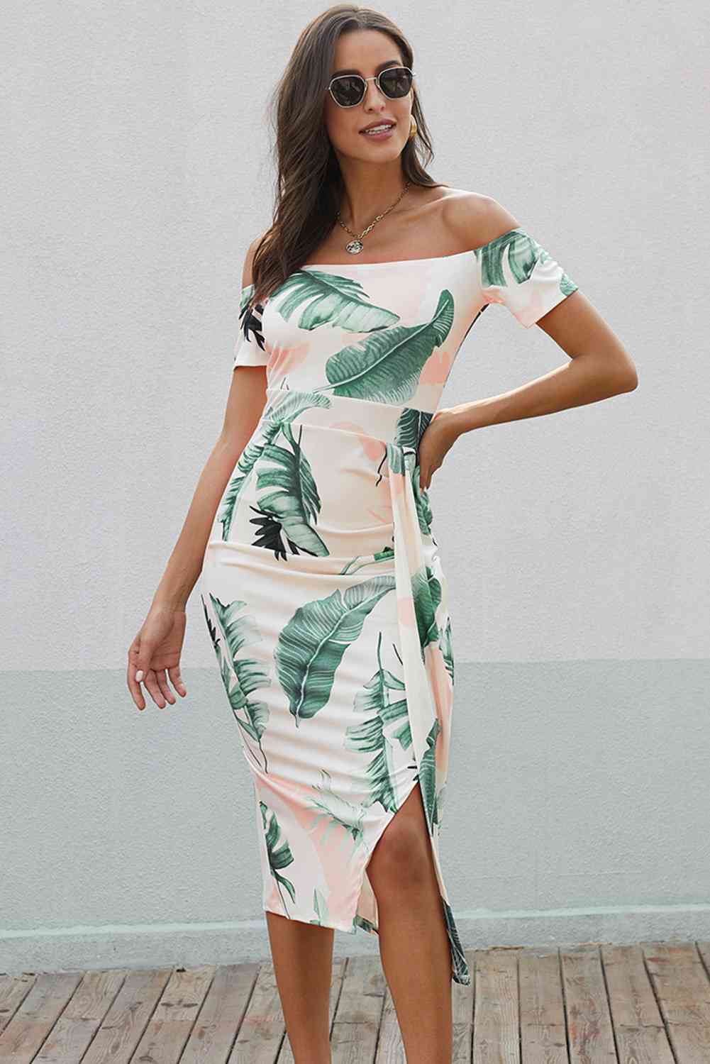 Printed Off-Shoulder Split Dress - Ladyez