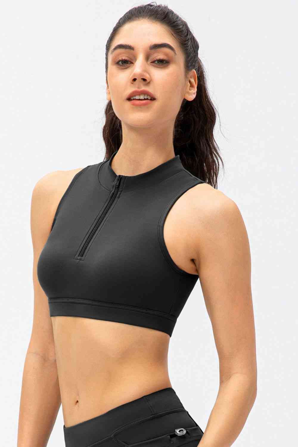 Full Size Cropped Cutout Back Zipper Front Active Tank Top - Ladyez