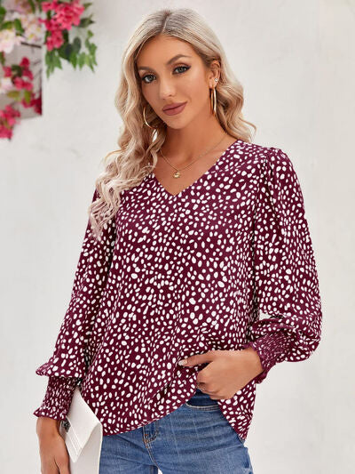 Printed V-Neck Lantern Sleeve Blouse - Ladyez