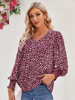 Printed V-Neck Lantern Sleeve Blouse - Ladyez