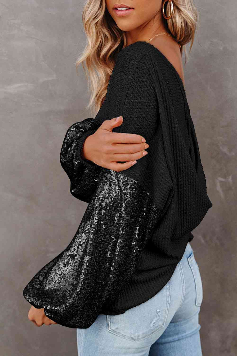 Sequin Waffle-Knit Blouse - Ladyez