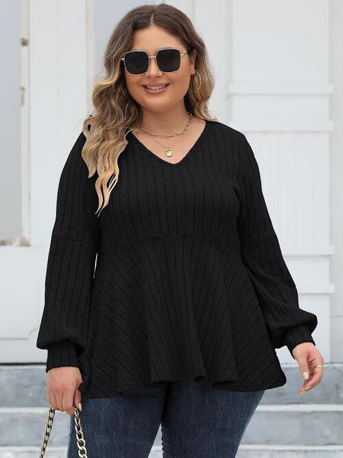 Plus Size Ribbed V-Neck Long Sleeve Blouse - Ladyez
