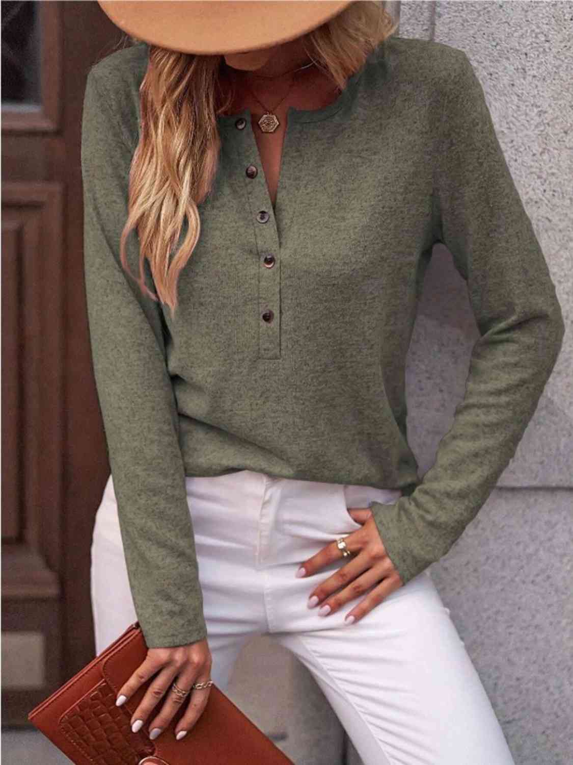 Round Neck Buttoned Long Sleeve T-Shirt - Ladyez